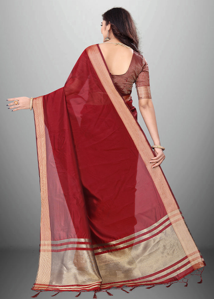 Maroon Cotton Saree With Blouse Piece - Indian Silk House Agencies