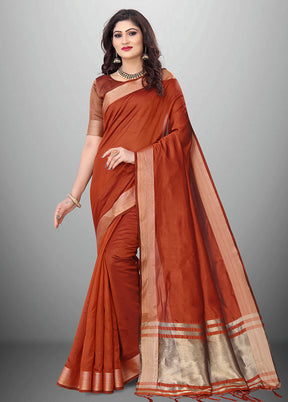 Rust Cotton Saree With Blouse Piece - Indian Silk House Agencies