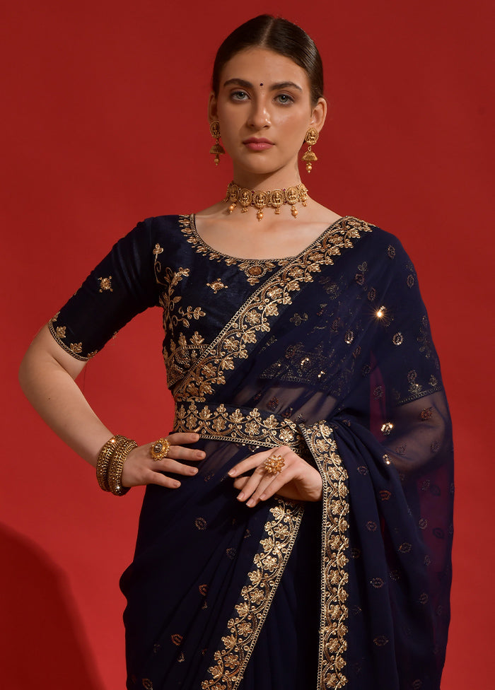 Blue Georgette Saree With Blouse Piece - Indian Silk House Agencies