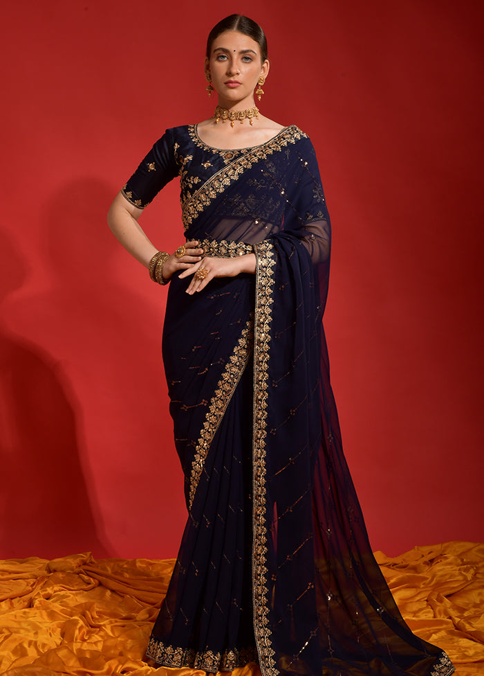 Blue Georgette Saree With Blouse Piece - Indian Silk House Agencies