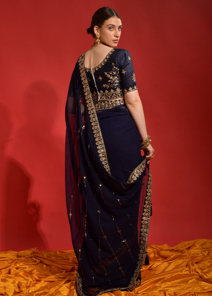 Blue Georgette Saree With Blouse Piece - Indian Silk House Agencies