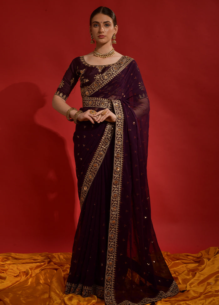 Wine Georgette Saree With Blouse Piece - Indian Silk House Agencies