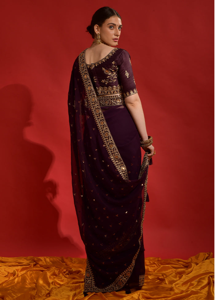 Wine Georgette Saree With Blouse Piece - Indian Silk House Agencies