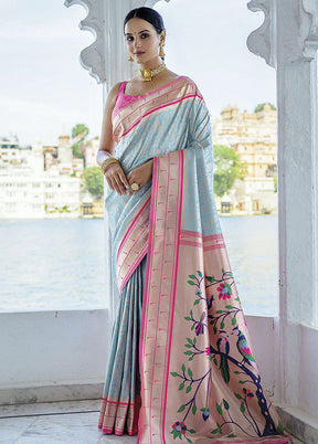 Blue Dupion Silk Saree With Blouse Piece - Indian Silk House Agencies