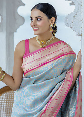 Blue Dupion Silk Saree With Blouse Piece - Indian Silk House Agencies