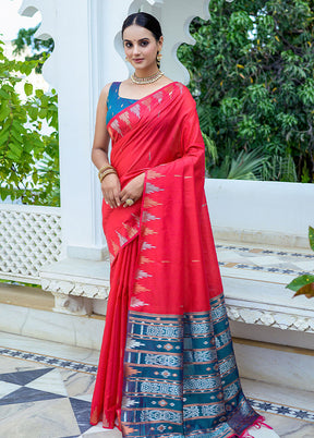 Red Dupion Silk Saree With Blouse Piece - Indian Silk House Agencies