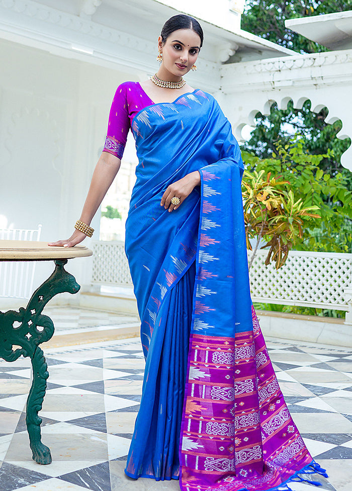 Blue Dupion Silk Saree With Blouse Piece - Indian Silk House Agencies