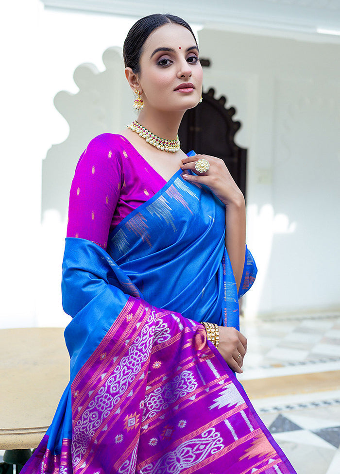 Blue Dupion Silk Saree With Blouse Piece - Indian Silk House Agencies