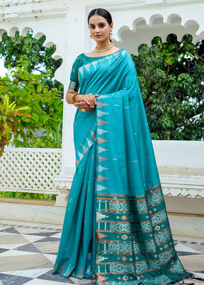 Blue Dupion Silk Saree With Blouse Piece - Indian Silk House Agencies