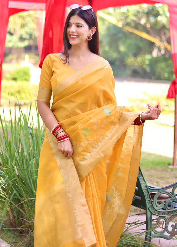 Yellow Dupion Silk Saree With Blouse Piece - Indian Silk House Agencies