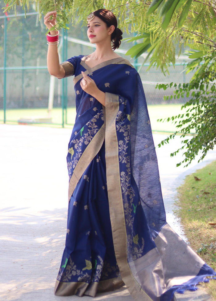 Blue Dupion Silk Saree With Blouse Piece - Indian Silk House Agencies