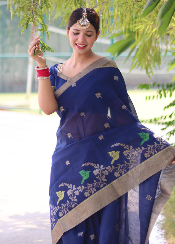 Blue Dupion Silk Saree With Blouse Piece - Indian Silk House Agencies