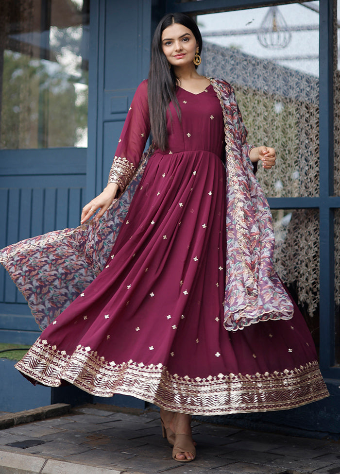 Wine Readymade Georgette Indian Dress