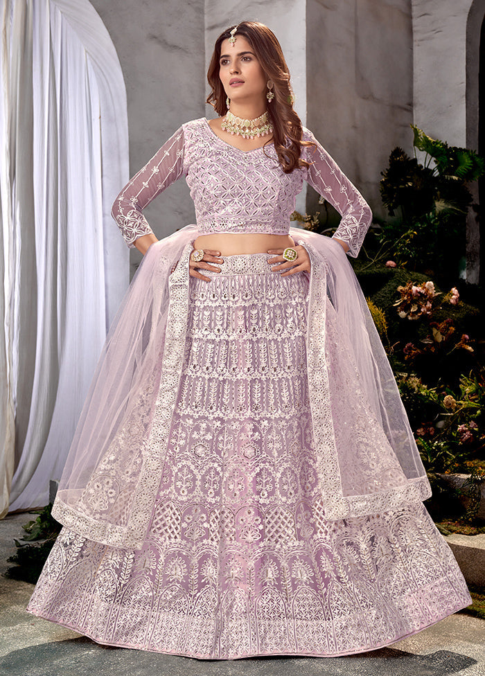 3 Pc Purple Net Semi Stitched Lehenga Set - Indian Silk House Agencies