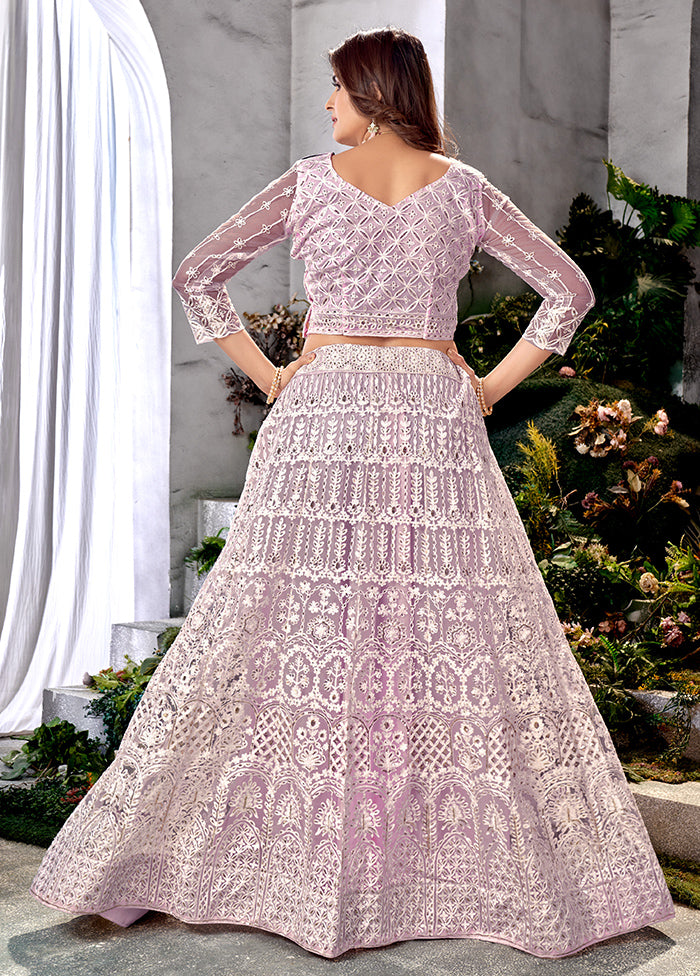 3 Pc Purple Net Semi Stitched Lehenga Set