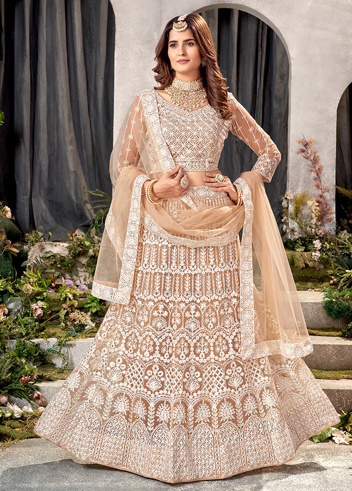 3 Pc Beige Net Semi Stitched Lehenga Set - Indian Silk House Agencies