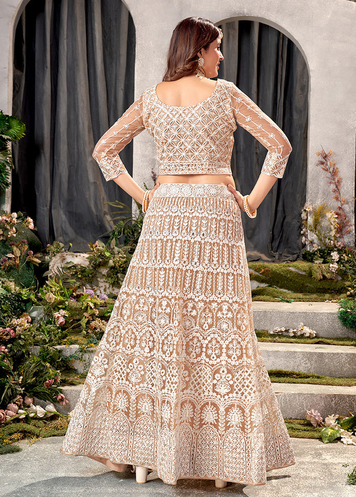 3 Pc Beige Net Semi Stitched Lehenga Set - Indian Silk House Agencies