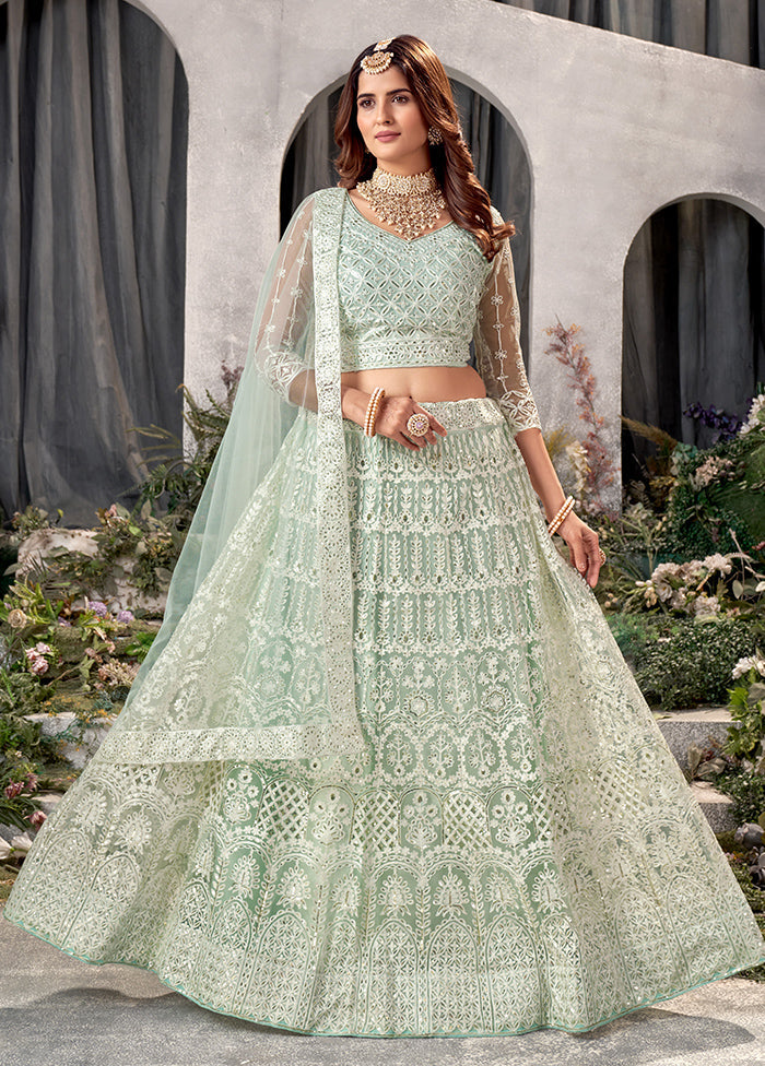 3 Pc Pista Green Net Semi Stitched Lehenga Set - Indian Silk House Agencies