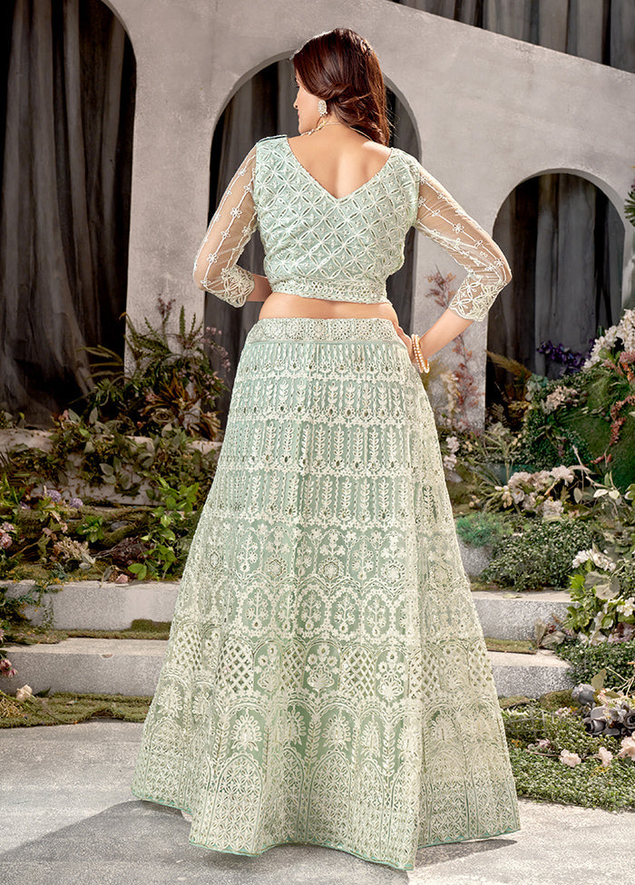 3 Pc Pista Green Net Semi Stitched Lehenga Set - Indian Silk House Agencies