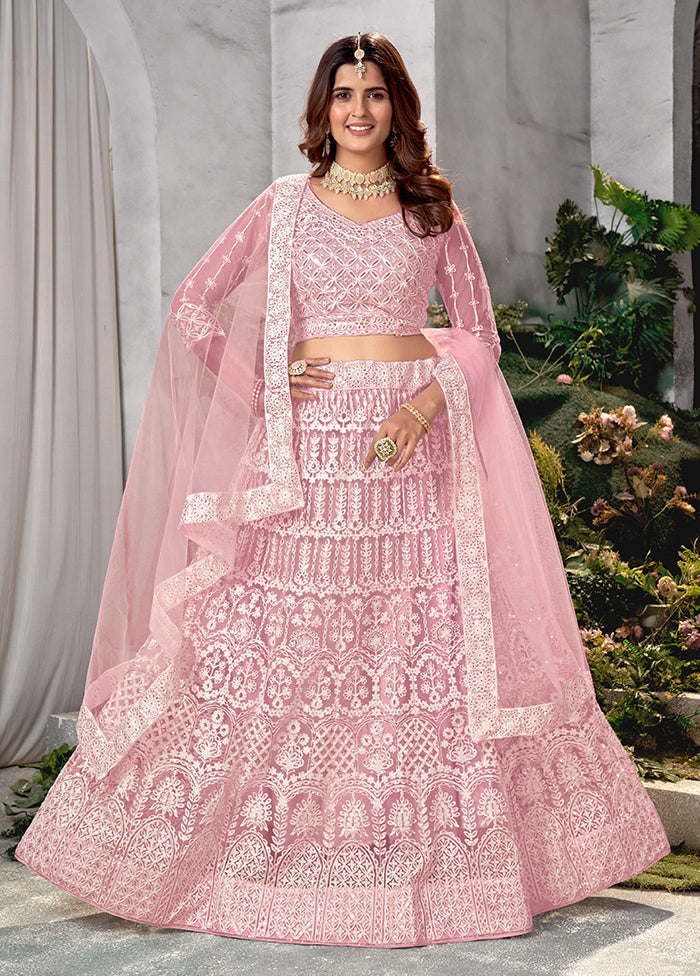 3 Pc Pink Net Semi Stitched Lehenga Set