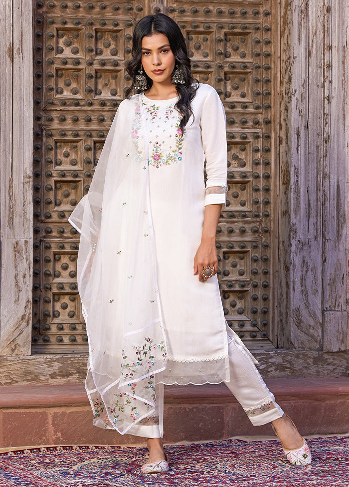 3 Pc White Readymade Viscose Suit Set - Indian Silk House Agencies