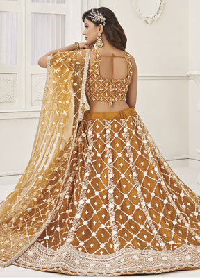 3 Pc Rust Net Semi Stitched Lehenga Set