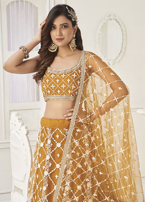 3 Pc Rust Net Semi Stitched Lehenga Set