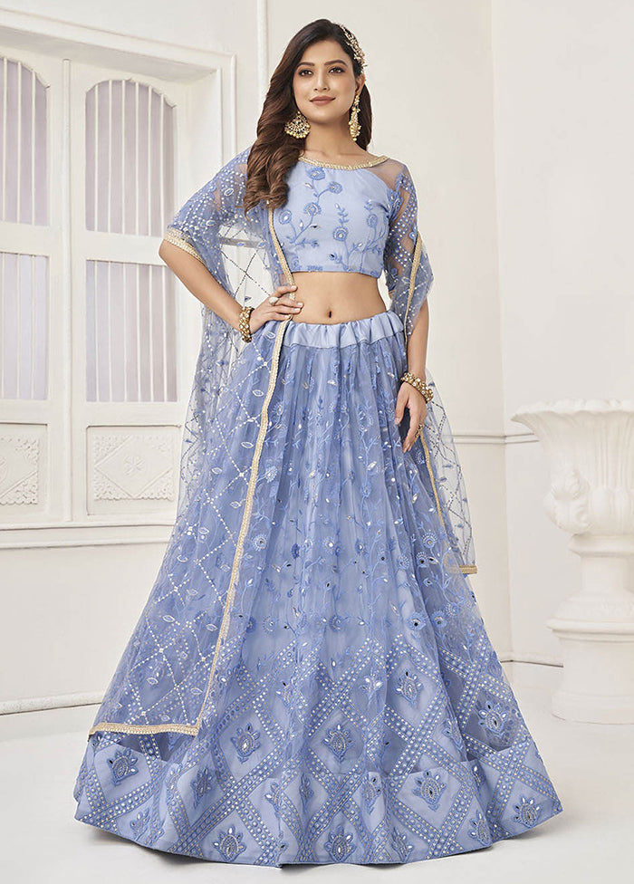 3 Pc Blue Net Semi Stitched Lehenga Set