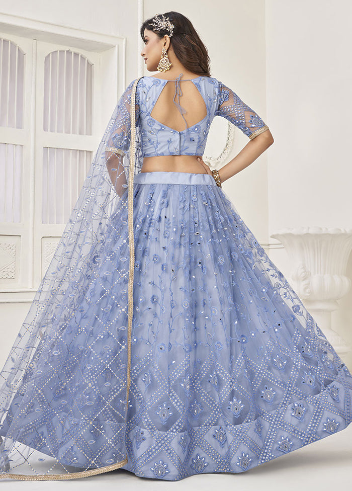 3 Pc Blue Net Semi Stitched Lehenga Set