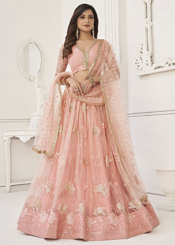 3 Pc Peach Net Semi Stitched Lehenga Set