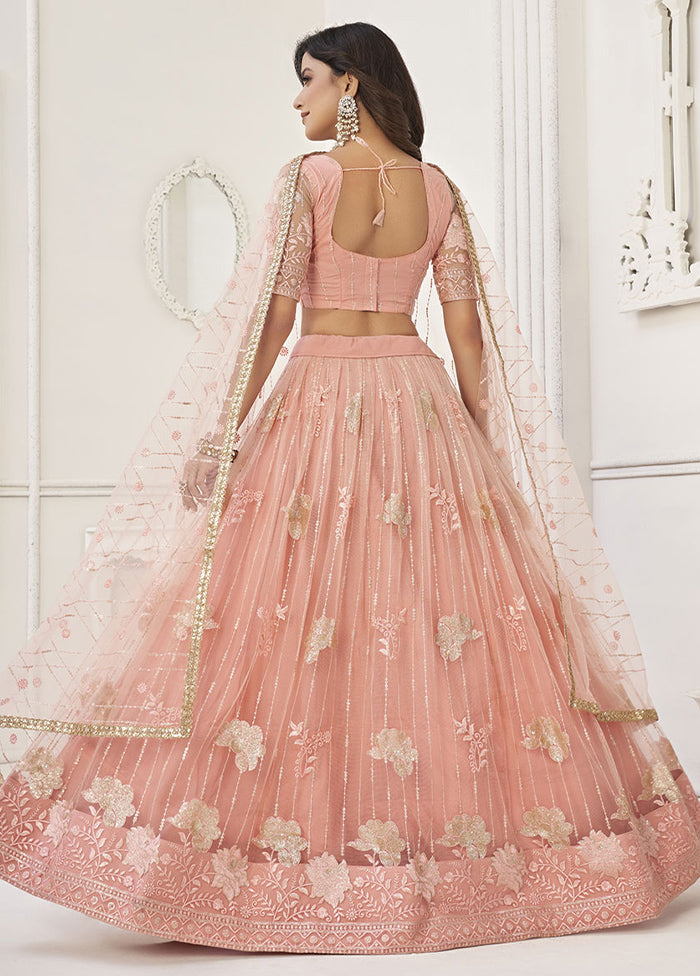 3 Pc Peach Net Semi Stitched Lehenga Set