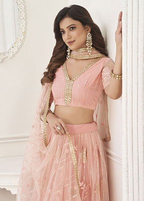 3 Pc Peach Net Semi Stitched Lehenga Set