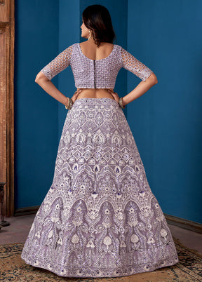 3 Pc Grey Net Semi Stitched Lehenga Set - Indian Silk House Agencies