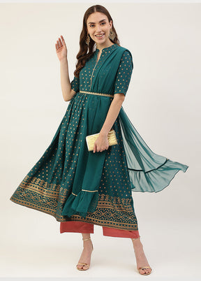 2 Pc Teal Blue Readymade Silk Kurti Set - Indian Silk House Agencies