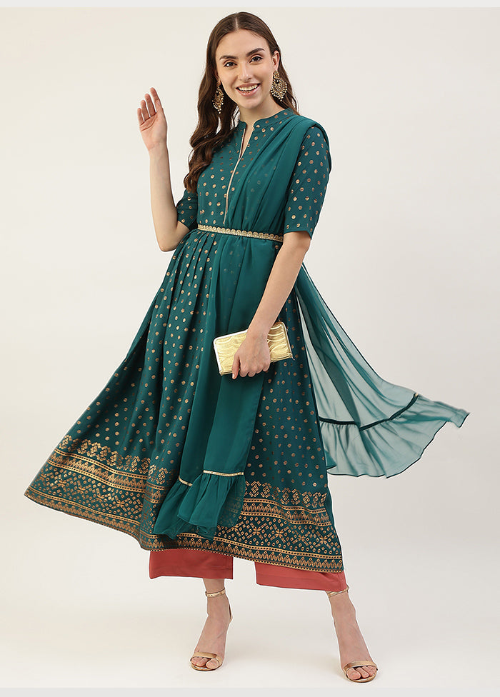 2 Pc Teal Blue Readymade Silk Kurti Set - Indian Silk House Agencies