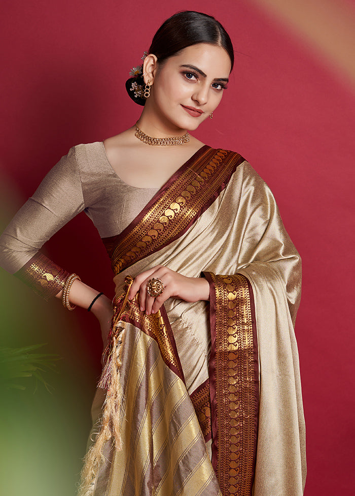 Beige Dupion Silk Saree With Blouse Piece - Indian Silk House Agencies