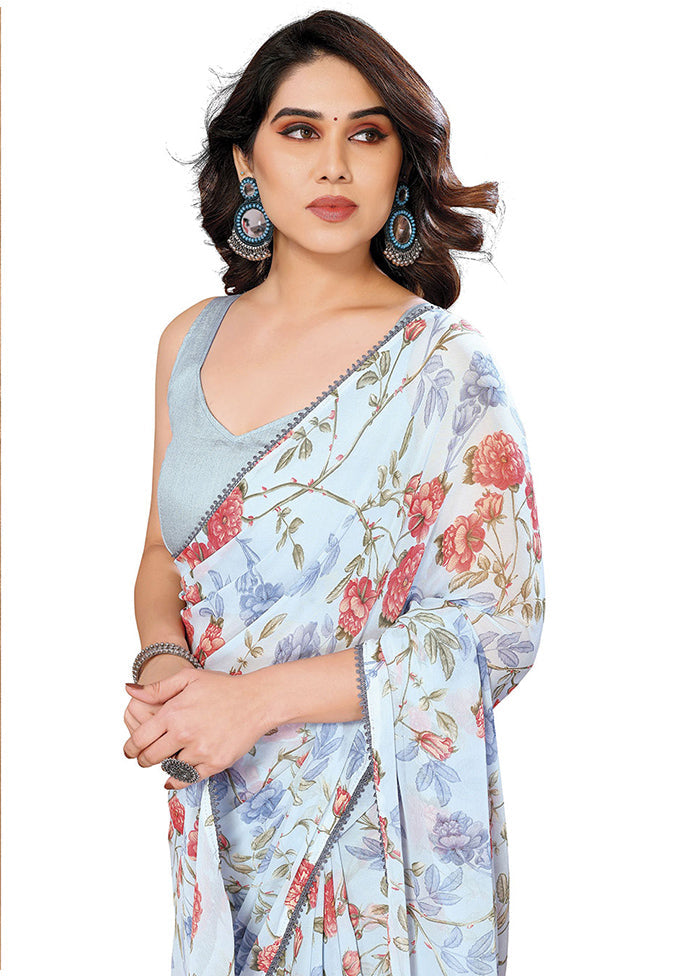 Sky Blue Georgette Saree With Blouse Piece - Indian Silk House Agencies