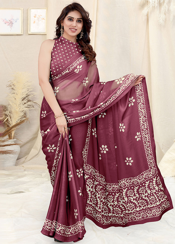 Wine Chiffon Silk Saree With Blouse Piece - Indian Silk House Agencies