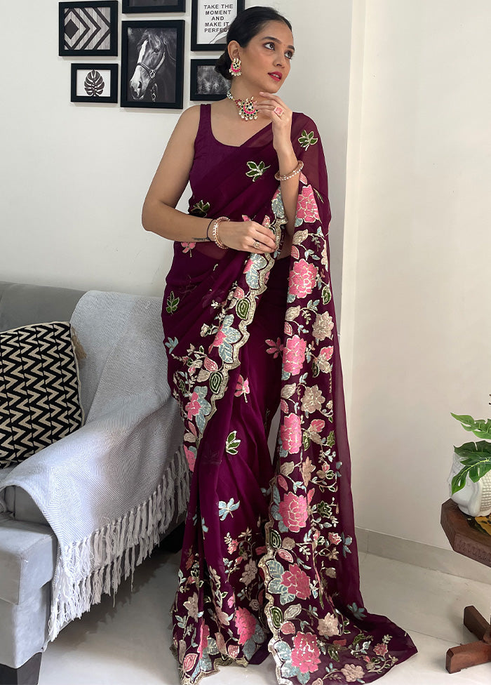 Wine Georgette Saree With Blouse Piece - Indian Silk House Agencies