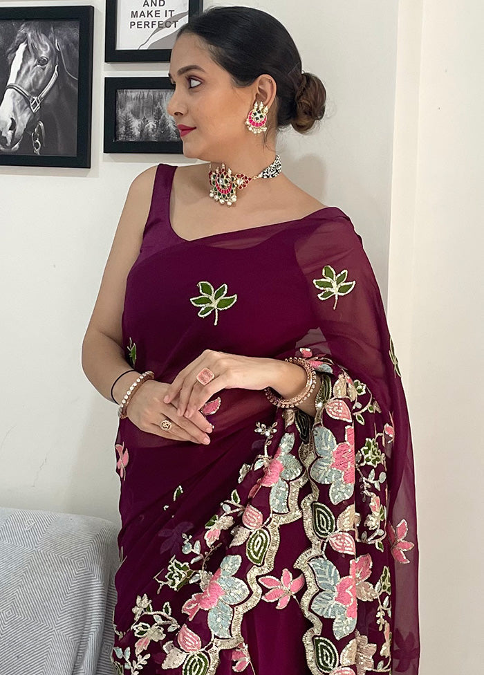 Wine Georgette Saree With Blouse Piece - Indian Silk House Agencies