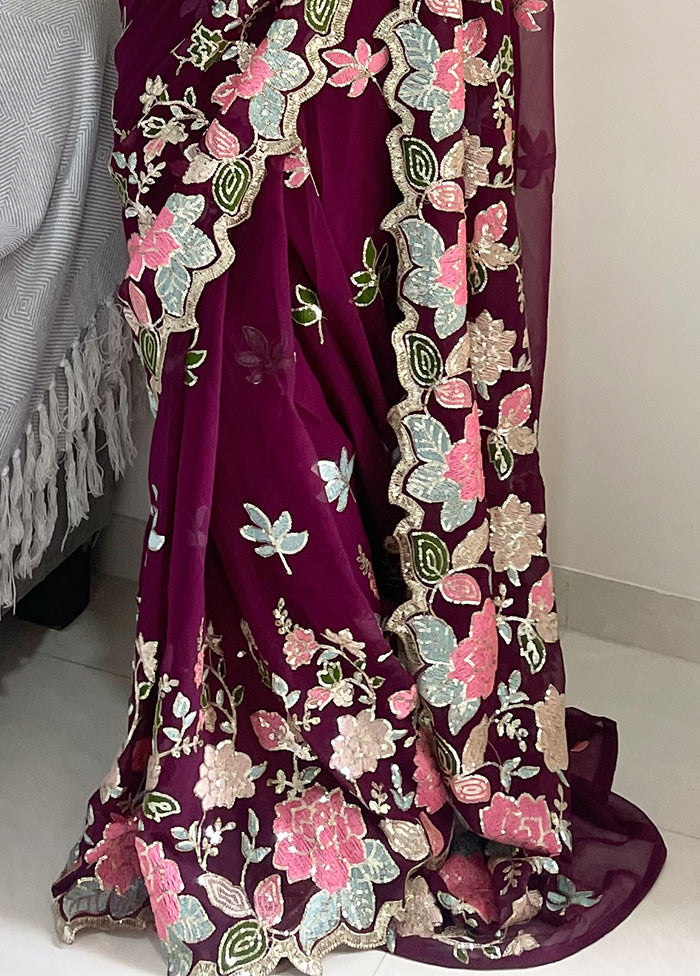 Wine Georgette Saree With Blouse Piece - Indian Silk House Agencies