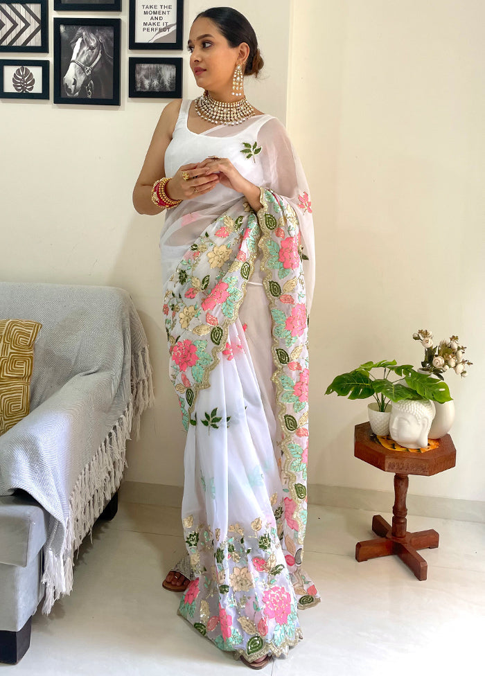 White Georgette Saree With Blouse Piece - Indian Silk House Agencies