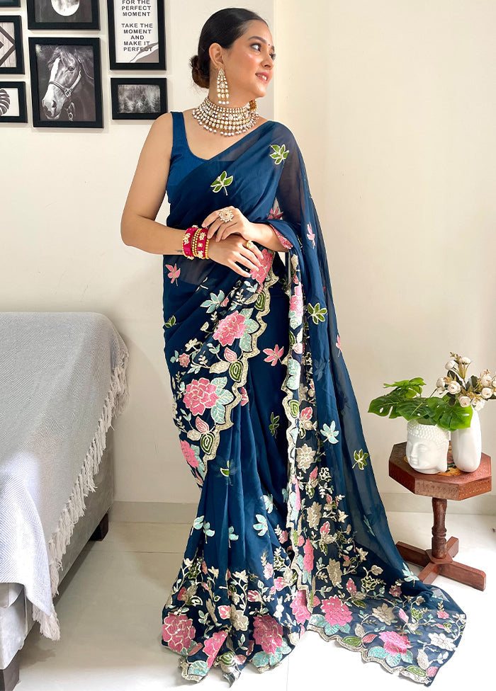 Blue Georgette Saree With Blouse Piece - Indian Silk House Agencies