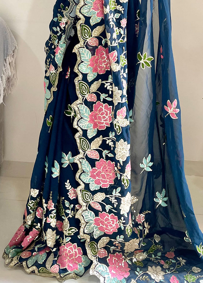 Blue Georgette Saree With Blouse Piece - Indian Silk House Agencies