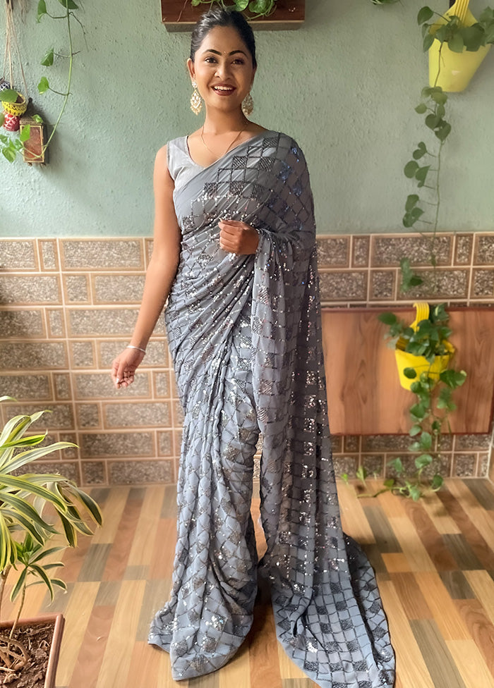 Grey Georgette Saree With Blouse Piece - Indian Silk House Agencies