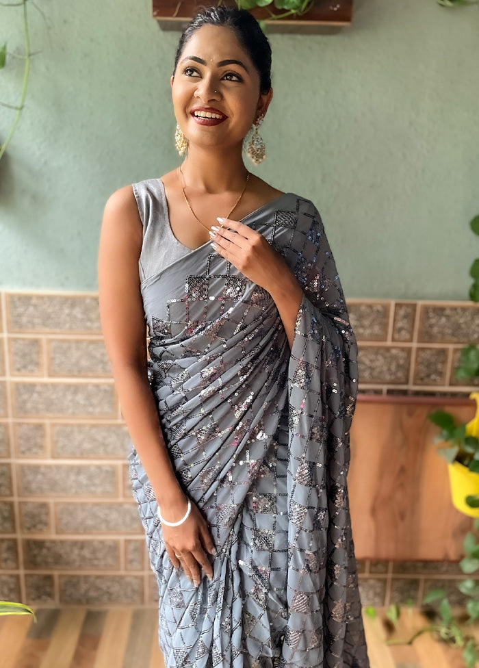 Grey Georgette Saree With Blouse Piece - Indian Silk House Agencies