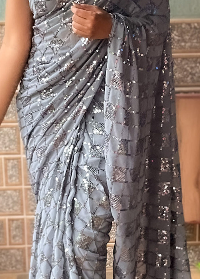 Grey Georgette Saree With Blouse Piece - Indian Silk House Agencies