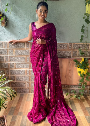 Wine Georgette Saree With Blouse Piece - Indian Silk House Agencies