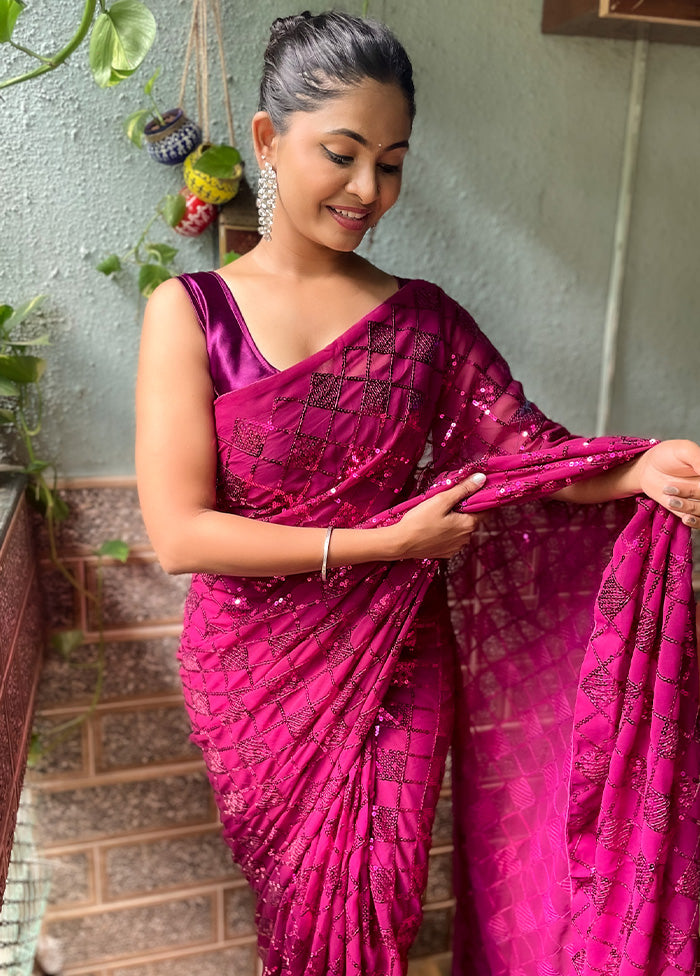 Wine Georgette Saree With Blouse Piece - Indian Silk House Agencies