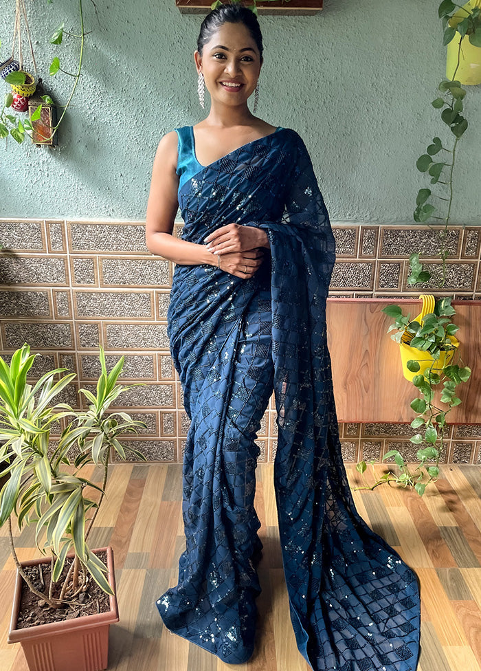 Teal Georgette Saree With Blouse Piece - Indian Silk House Agencies